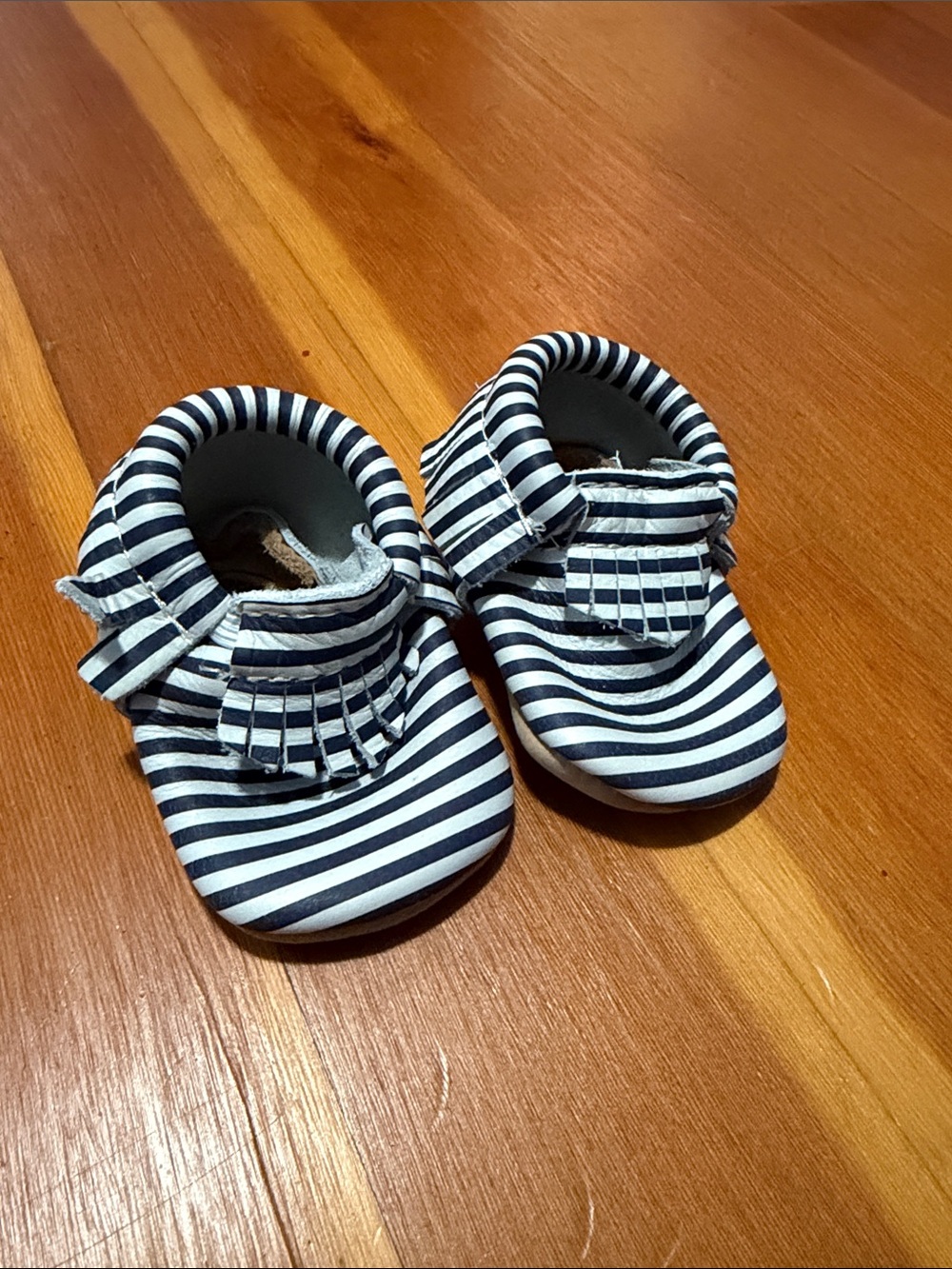 Freshly Picked Navy and White Striped Fringe Baby Moccasins